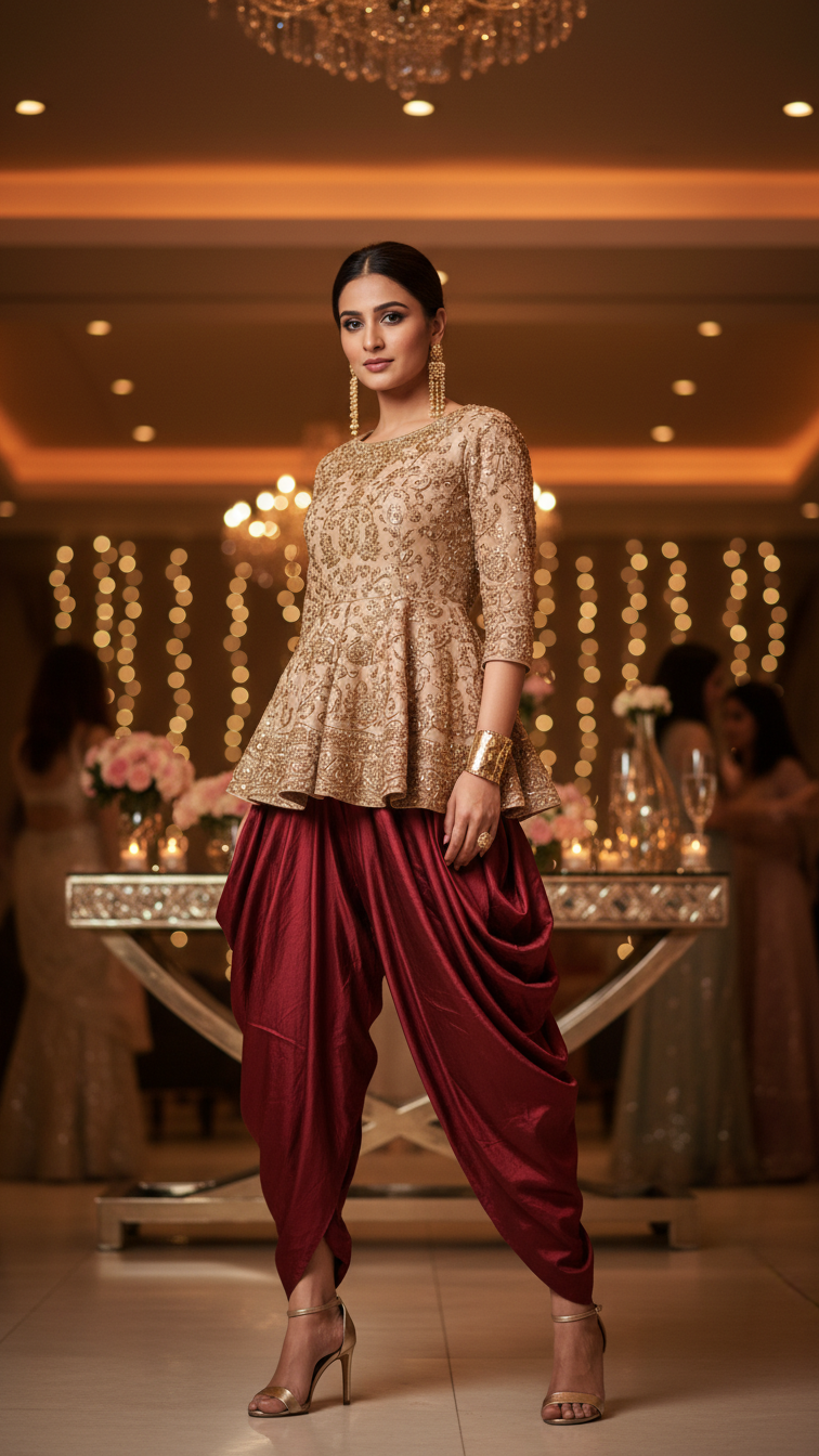 Trendy dhoti pant outfit with maroon silk pants and beige peplum top at elegant indoor party