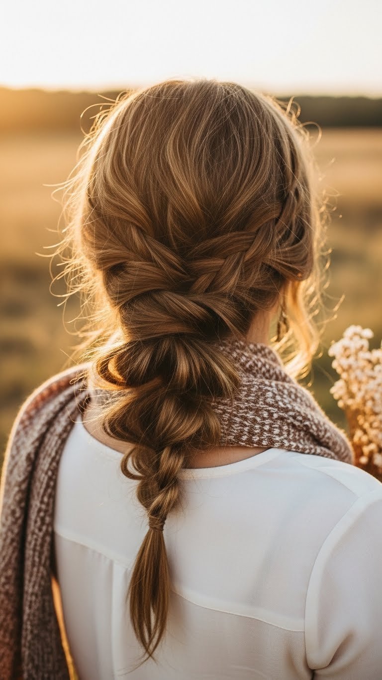 Trendy messy braid on textured medium hair styled with bohemian flair and warm golden hour lighting against natural backdrop