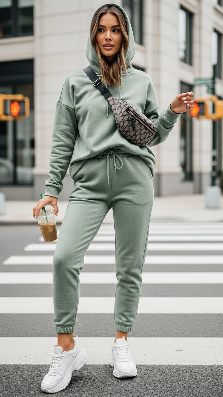 Trendy sporty-chic matching sage green jogger and hoodie set on urban street with crosswalk background