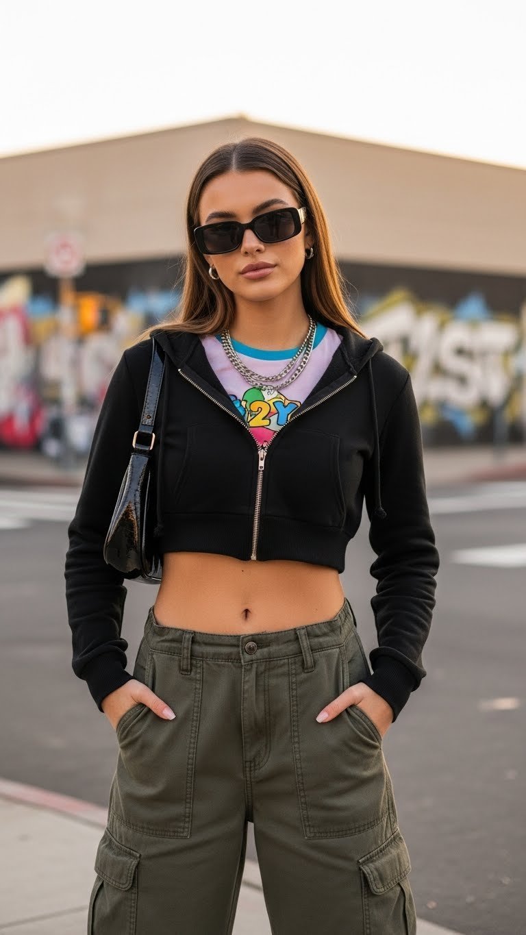 Trendy woman in black cropped zip-up hoodie and cargo pants on urban street corner with graffiti backdrop