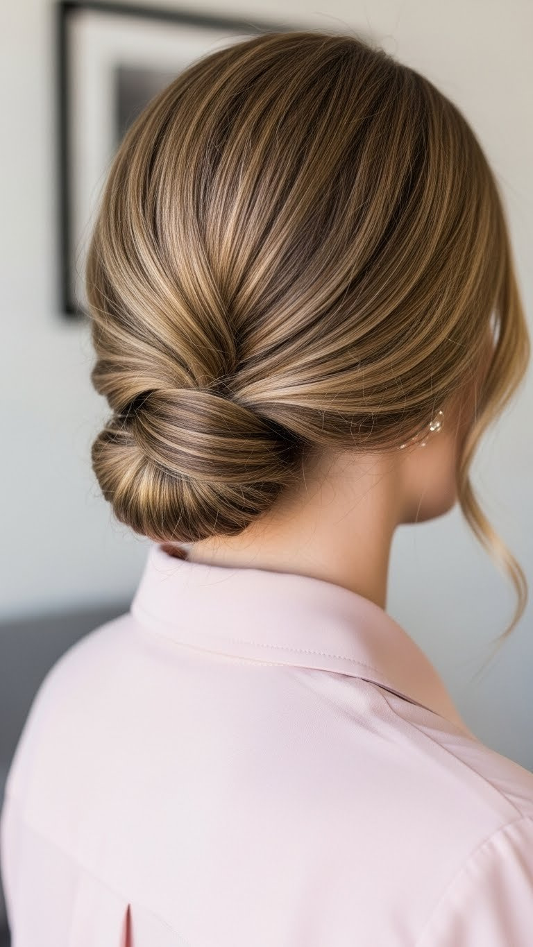 Tucked-in ponytail hairstyle artfully folded under to create chic bob illusion for discreet professional office look.
