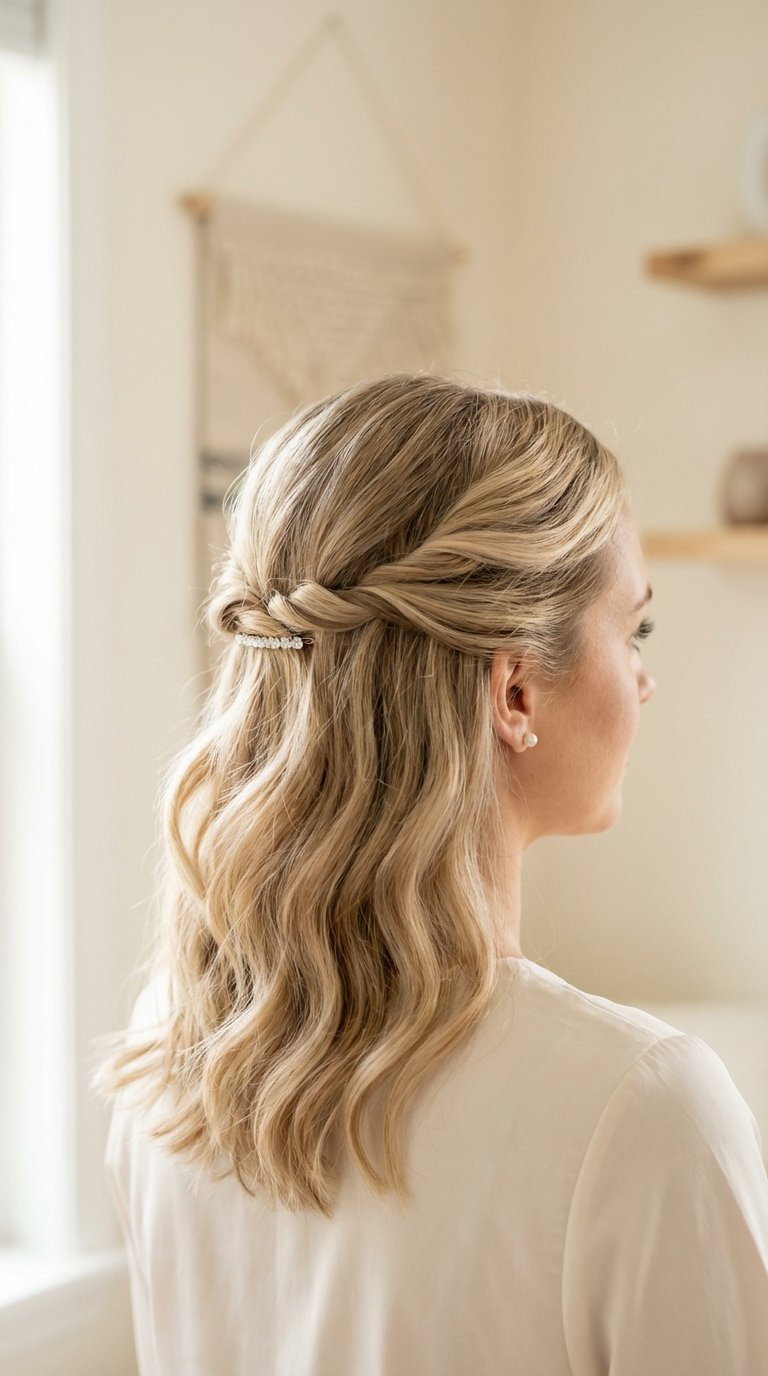 Twisted half-up hairstyle with elegant temple twists meeting at back allowing soft waves to flow freely