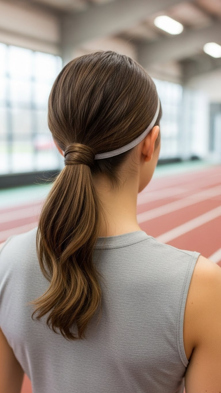 Twisted low ponytail with side sections integrated into neat style for sophisticated sports venue