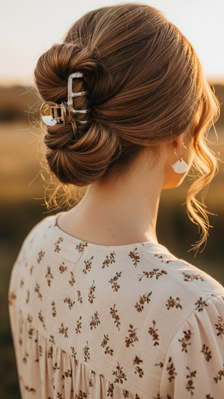 Twisted updo for fine hair secured with small claw clip creating volume illusion with golden hour lighting.
