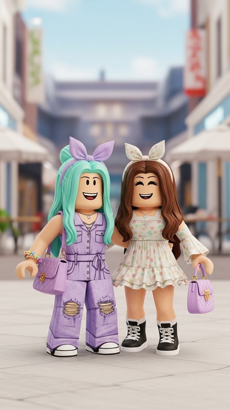 Two Roblox Dress to Impress avatars wearing coordinated Galentine's bestie outfits in lavender and mint colors