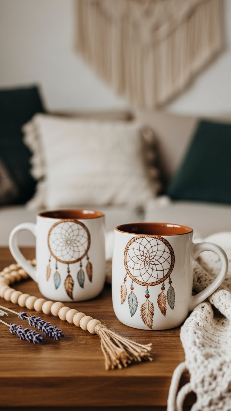 Two bohemian dreamcatcher ceramic mugs with feather details on rustic wooden table surrounded by dried lavender and knit throw in golden hour light.