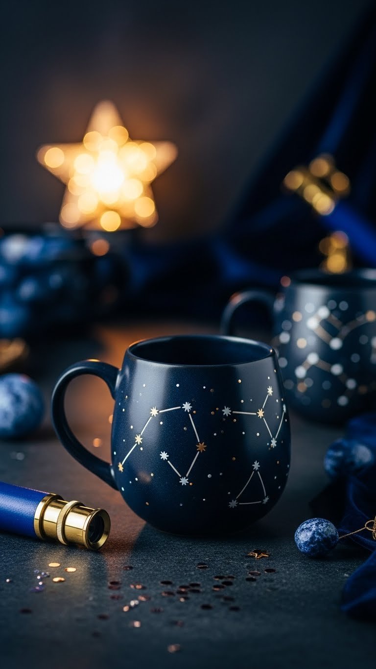 Two celestial constellation ceramic mugs with gold stars on dark navy background displayed on stone surface with telescope eyepiece in dramatic side lighting.