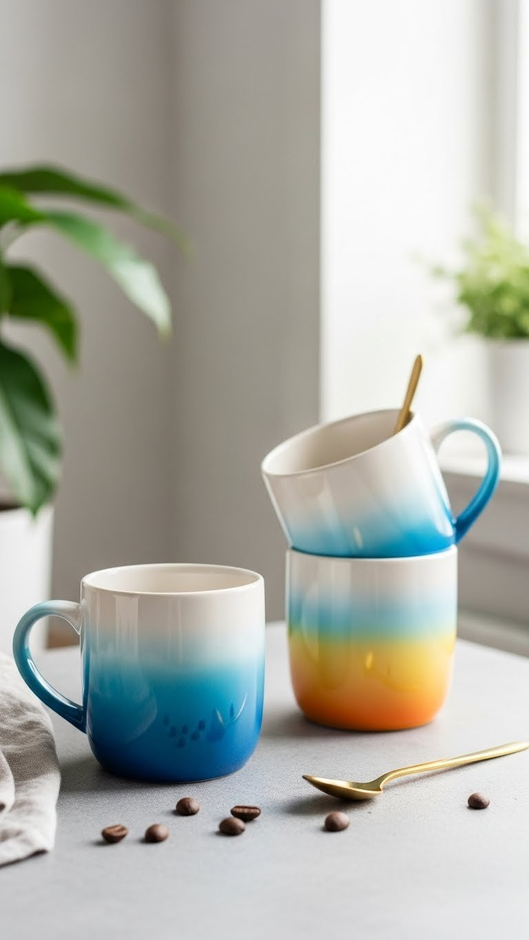 Two ceramic ombre mugs display a smooth blue color transition on a concrete countertop with a blurred plant background.