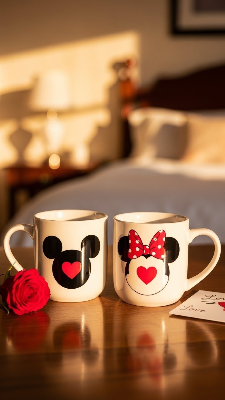 Two complementary white ceramic mugs with Mickey and Minnie silhouettes featuring romantic heart designs