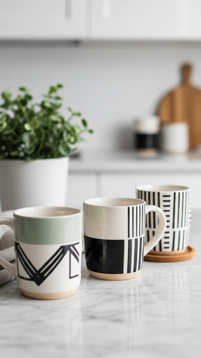 Two geometric painted ceramic mugs on marble countertop with minimalist design and soft bokeh background