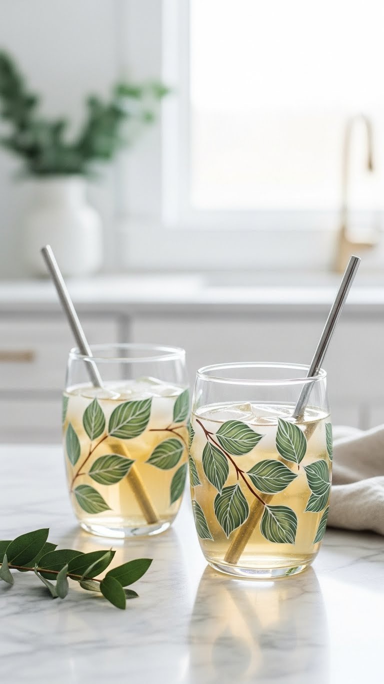 Two glass mugs with elegant green botanical leaf designs filled with iced tea on a marble countertop in bright daylight