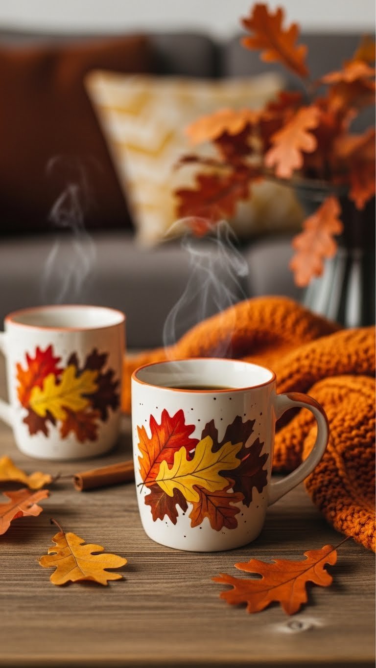 Two painted ceramic mugs with vibrant fall oak leaves in warm reds and oranges arranged on a rustic wooden table with golden hour lighting