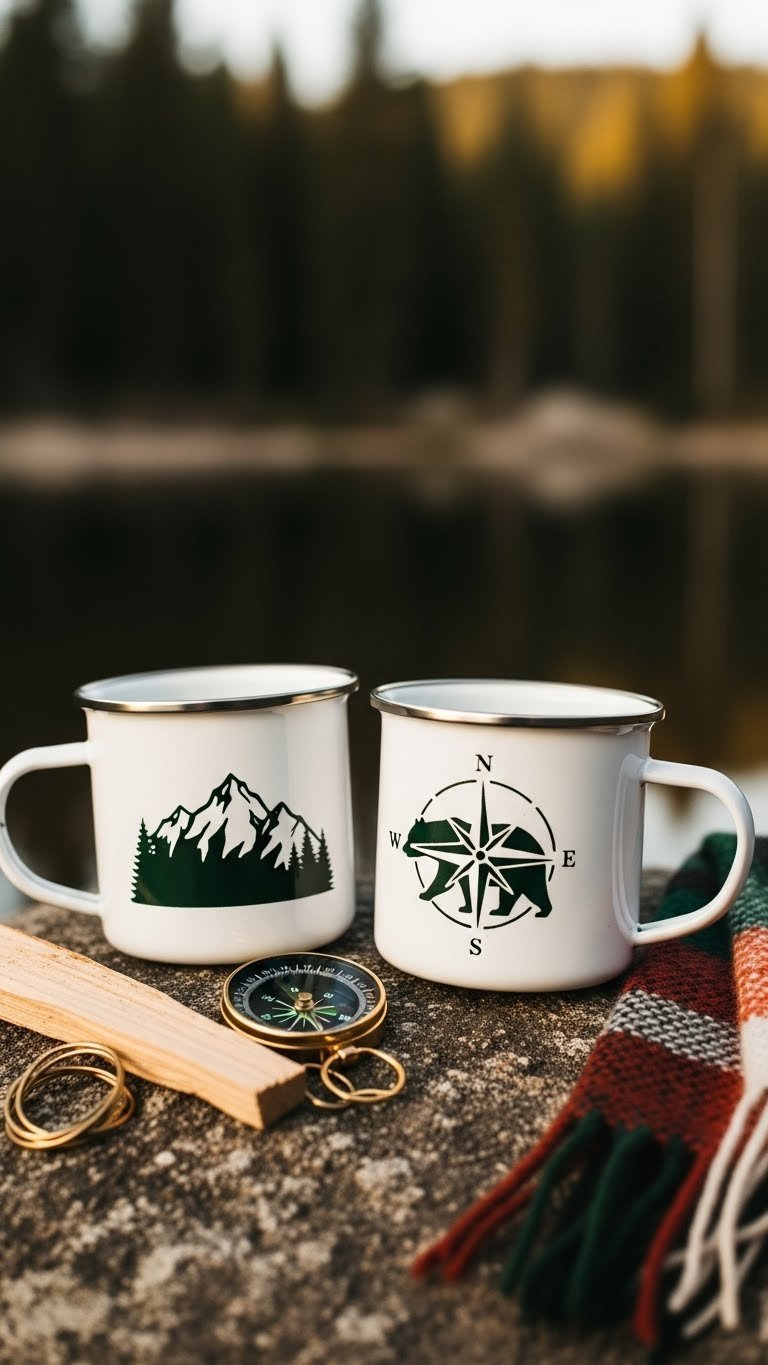 Two personalized enamel camping mugs with mountain stencil designs on river stones in golden hour forest setting