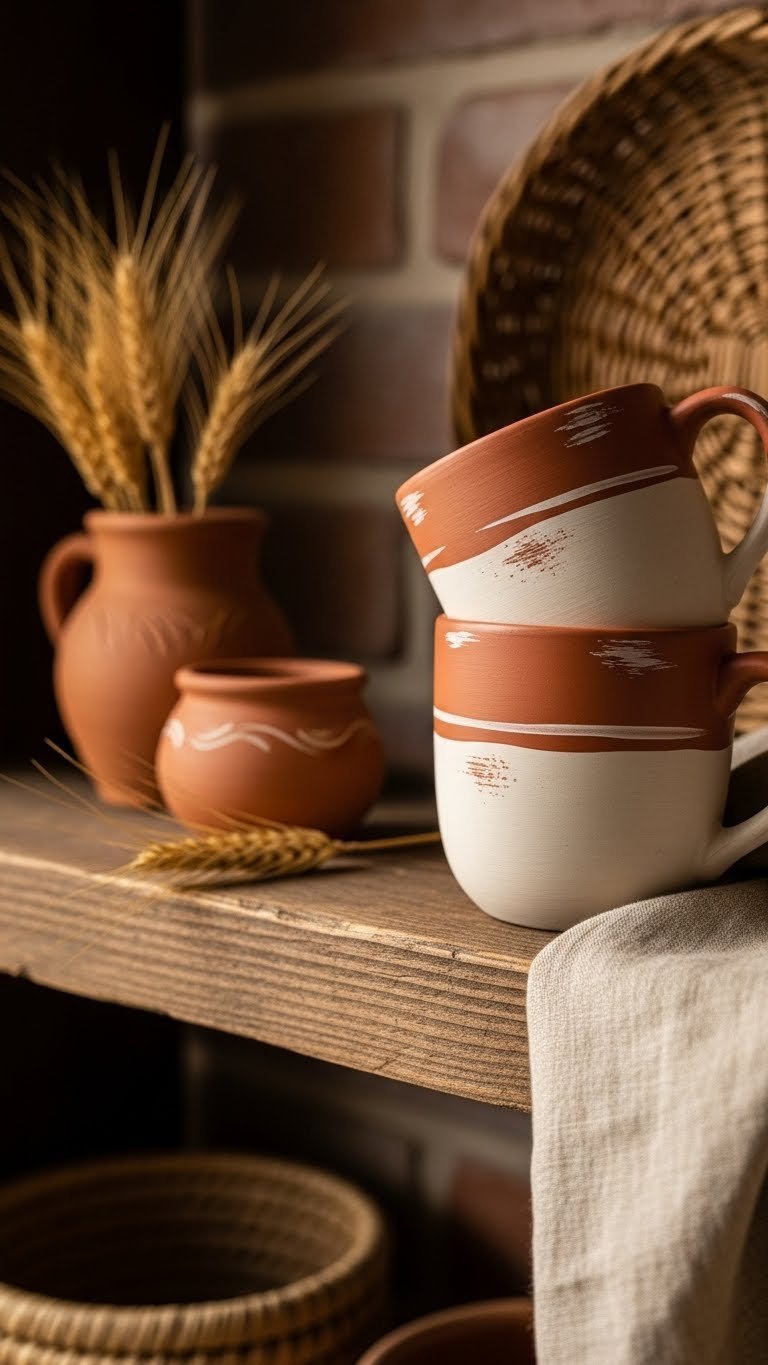 Two terracotta-style ceramic mugs with rustic textures displayed on rough-hewn wooden shelf with dried wheat stalk and clay pot in golden hour lighting.
