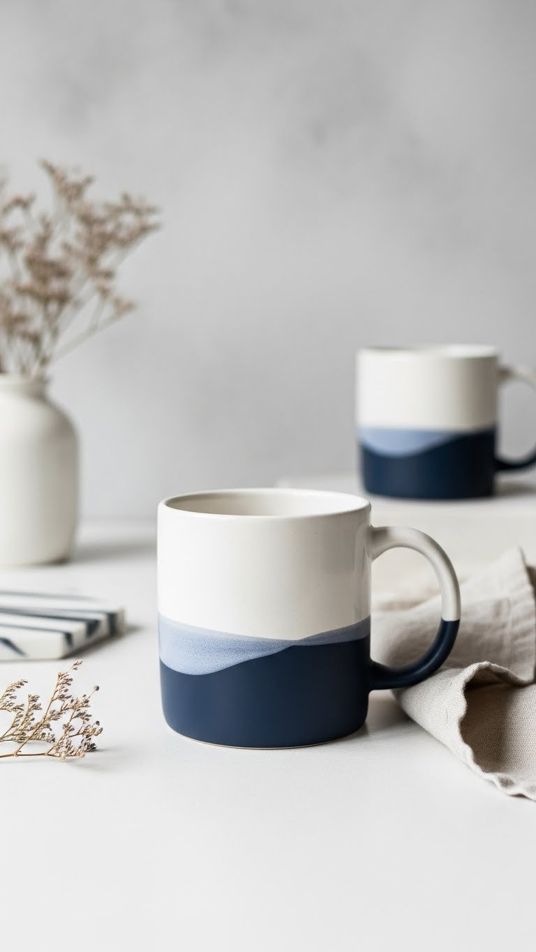 Two-tone dipped ceramic mug with clean color division on minimalist white countertop