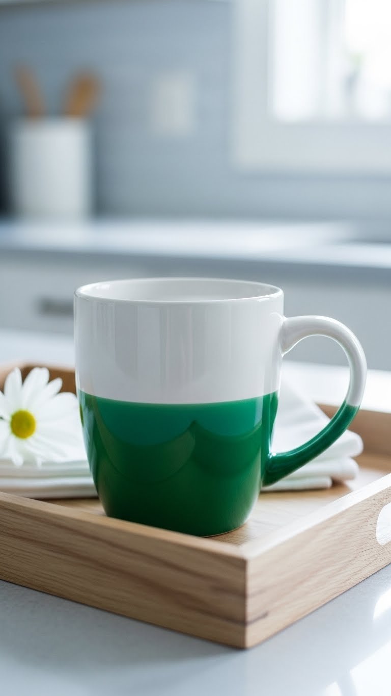 Two-tone green and white ceramic mug on minimalist wooden tray with white napkins