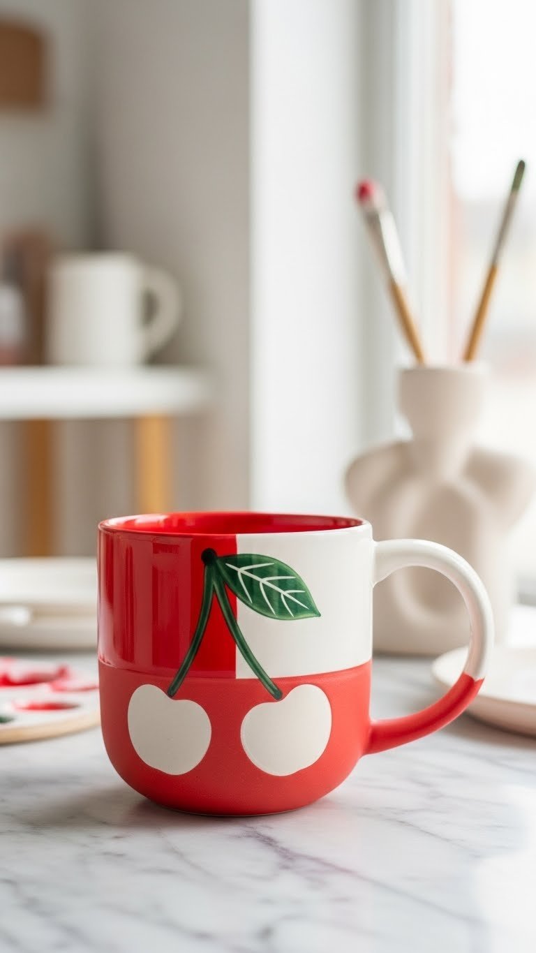 Two-toned ceramic mug with negative space cherry design creating modern contrasting effect