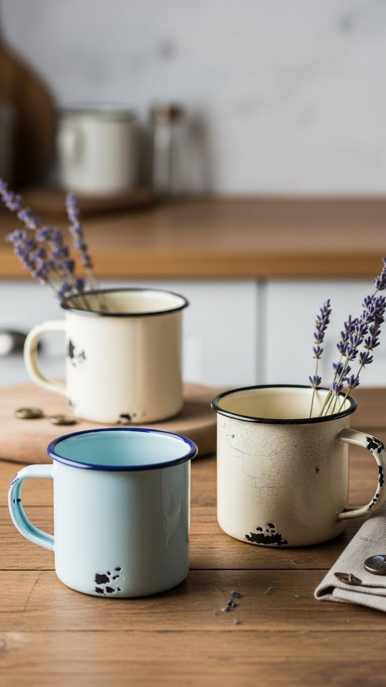 Two vintage enamel mugs with distressed paint finish in flat lay arrangement on rustic wooden table with dried lavender