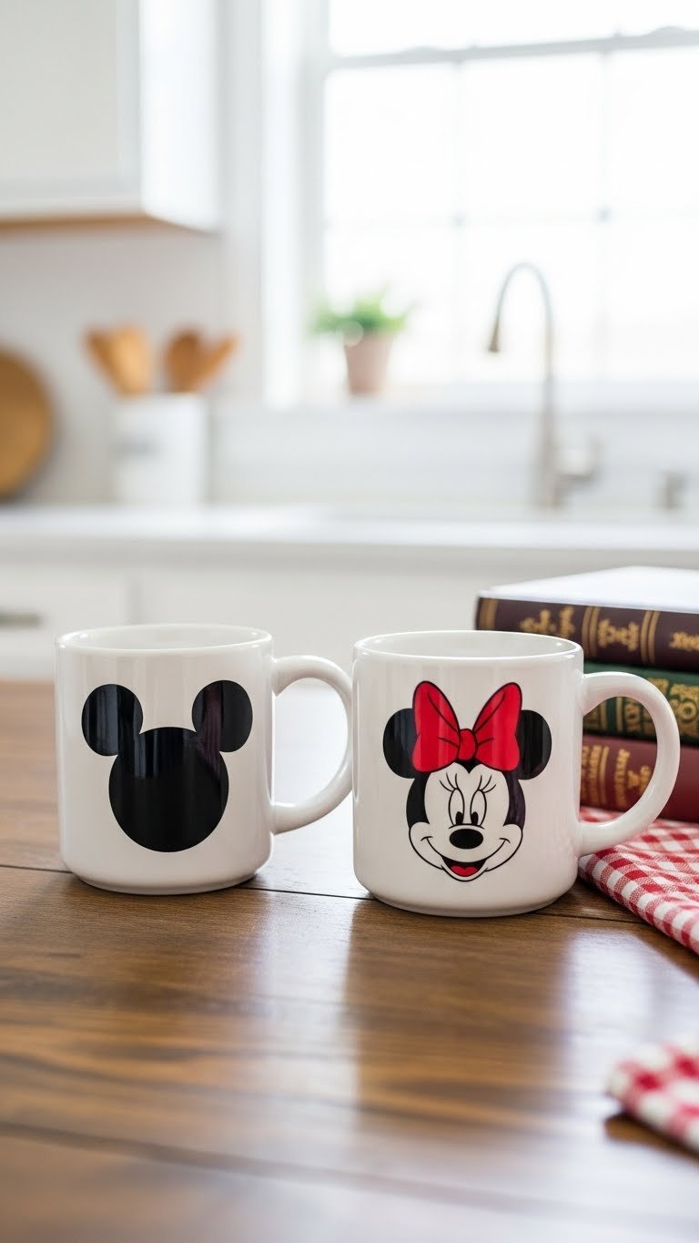 Two white ceramic Disney mugs featuring Mickey and Minnie Mouse silhouettes on rustic wooden table with soft natural lighting