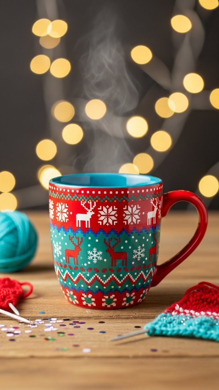 Ugly Christmas sweater mug with colorful pixelated reindeer and mismatched patterns on rustic table