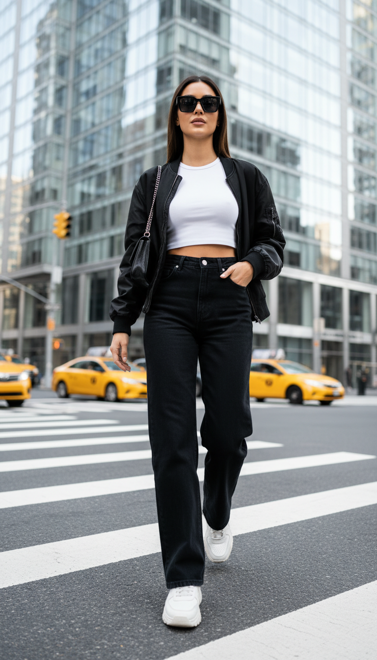 Urban street style featuring wide leg black jeans with crop top and chunky sneakers crossing city street