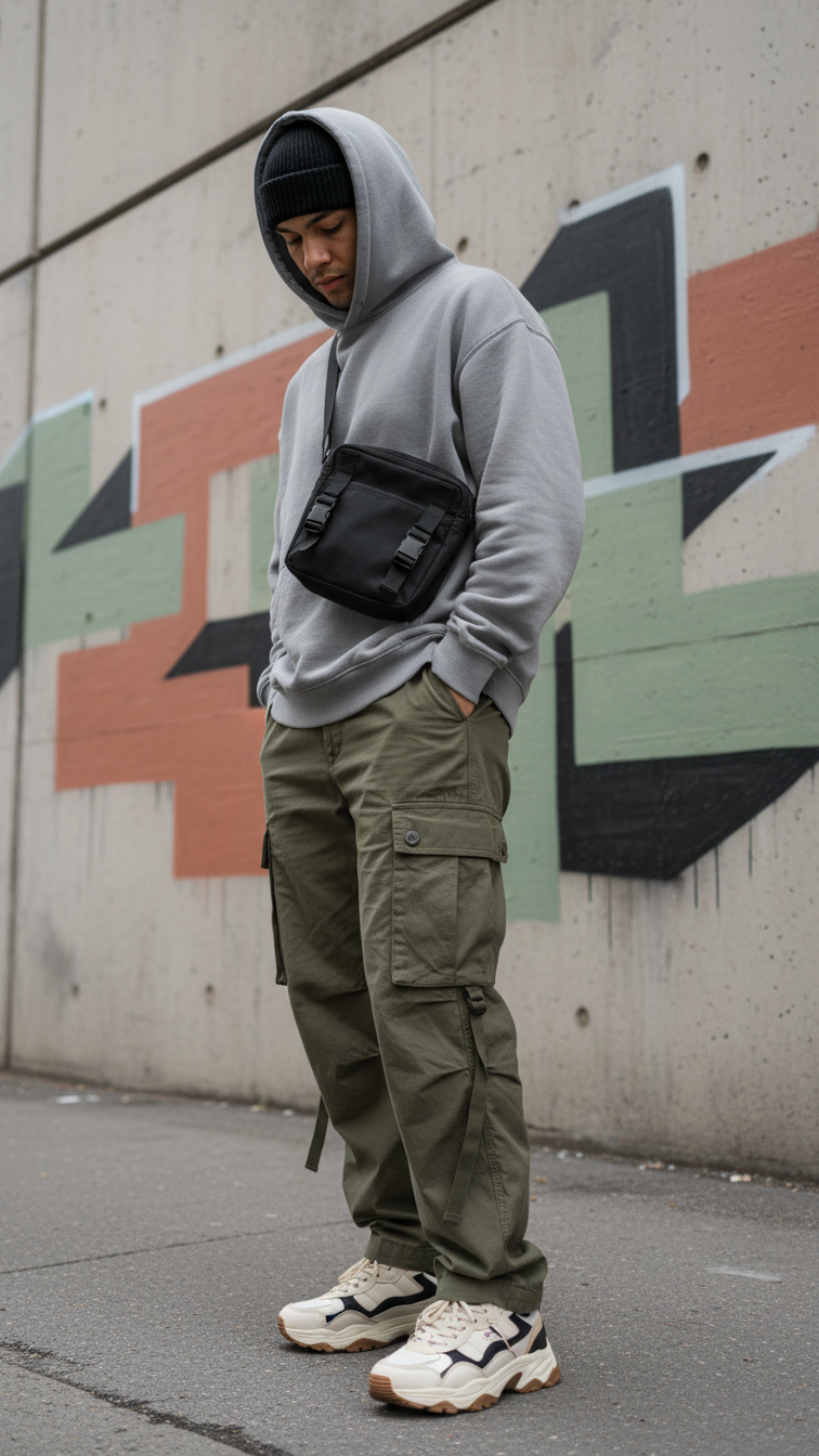 Urban streetwear outfit with olive cargo pants and gray hoodie against concrete wall with graffiti background
