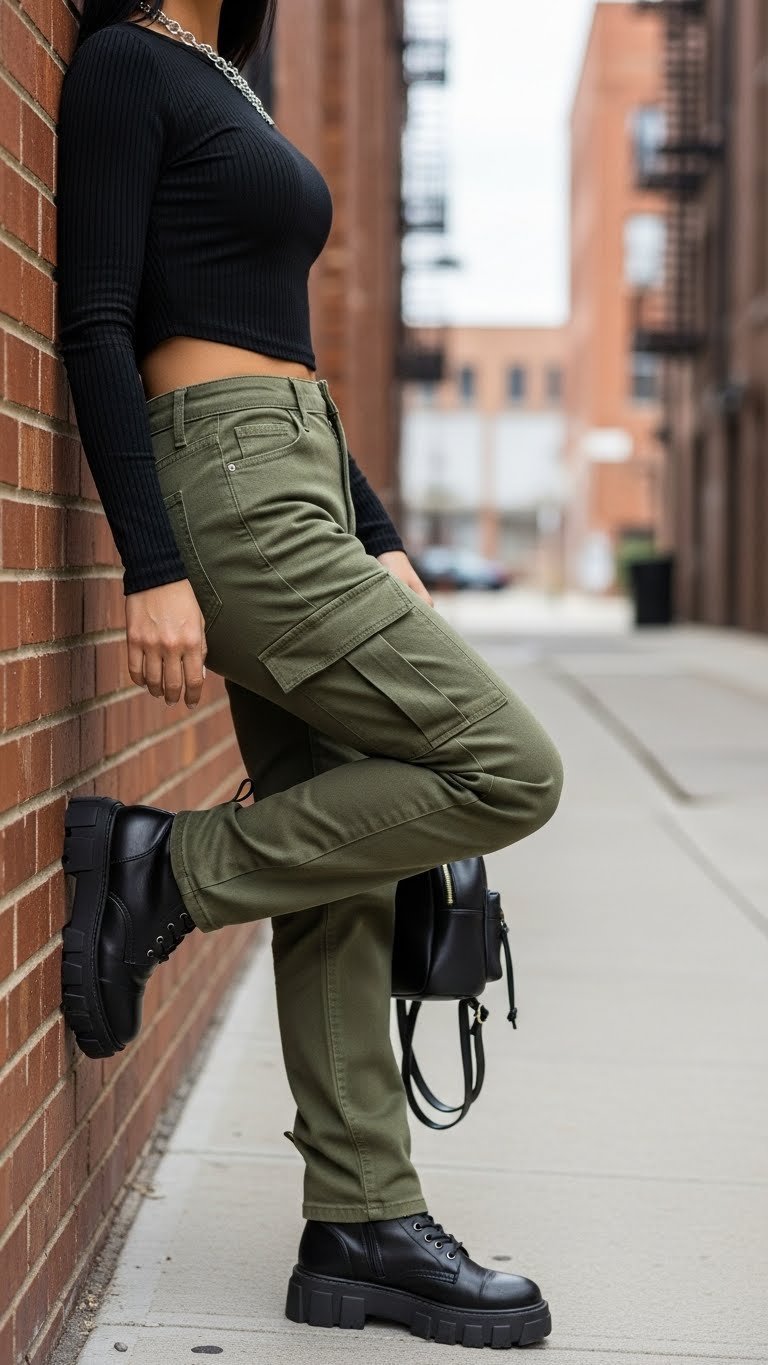 Utilitarian tough-chic outfit with olive cargo jeans and black ribbed top against brick wall.