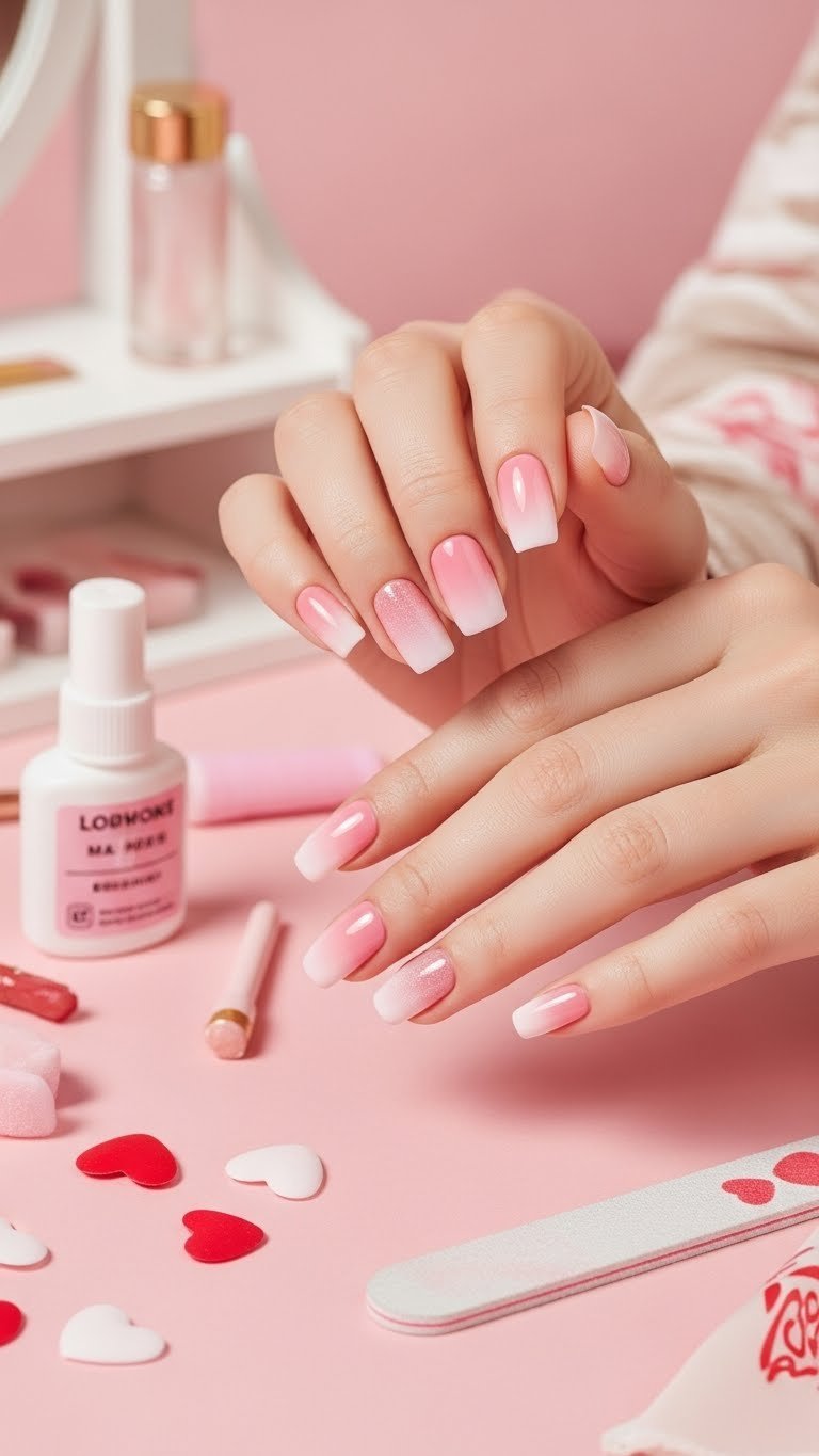 Valentine ombre press-on nails applied seamlessly on natural hands with pink backdrop and nail care accessories