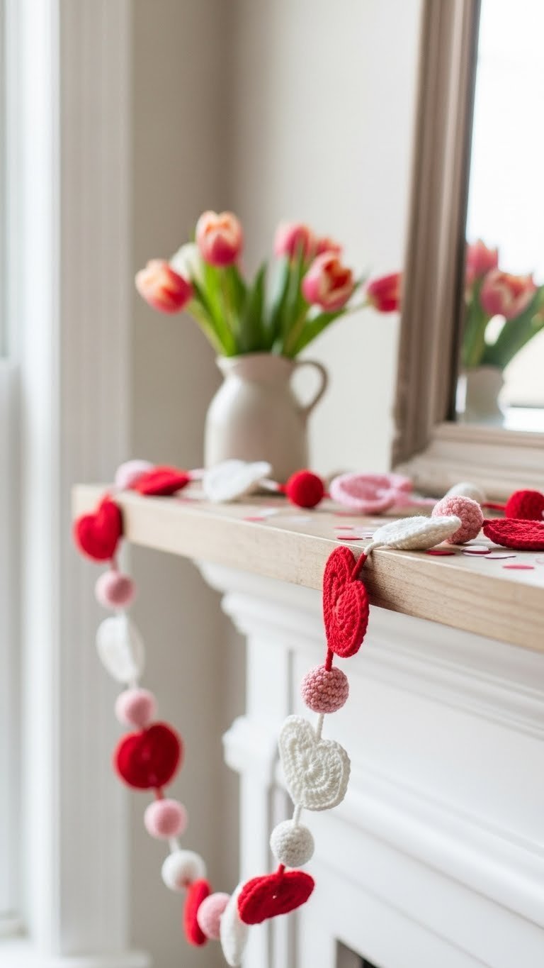 Valentine's Day crochet garland with multiple hearts in reds, pinks, and whites draped across a rustic wooden shelf