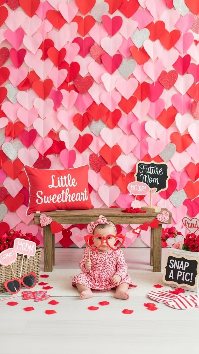 Valentine's baby shower photo booth backdrop with pink heart wall and themed props