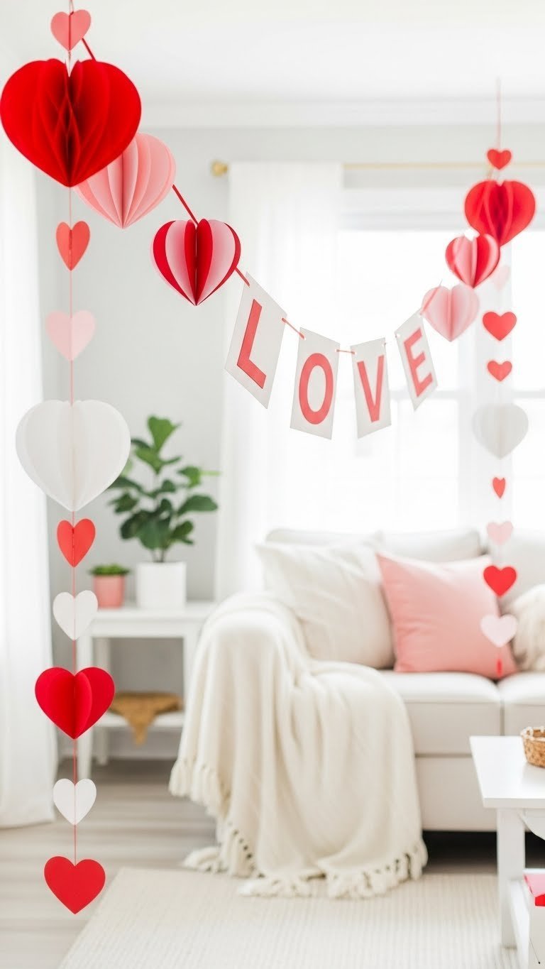 Vibrant Valentine's heart garlands and LOVE banner displayed on minimalist white wall decor
