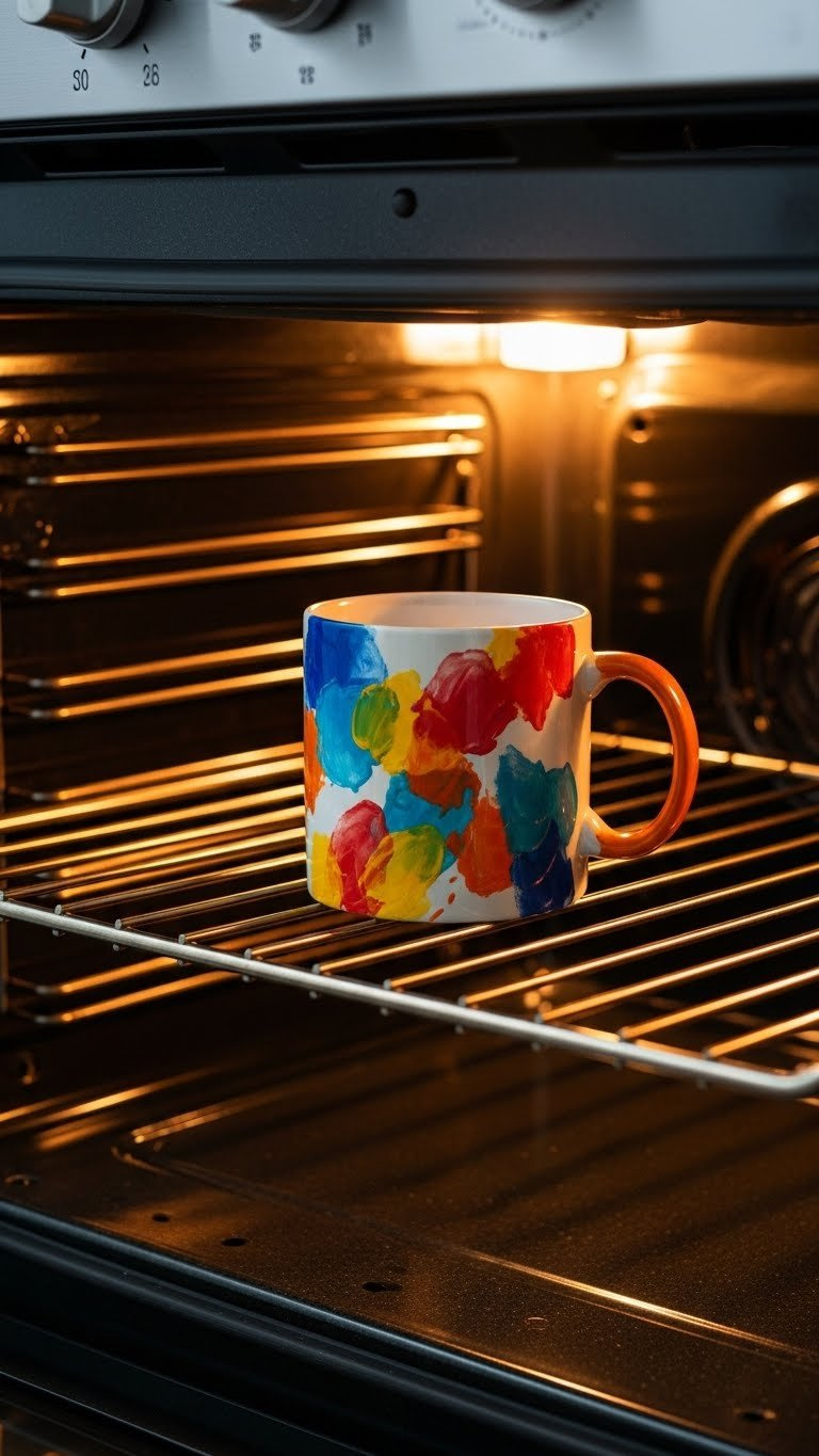 Vibrant abstract painted mug baking inside home oven with warm golden light casting glow