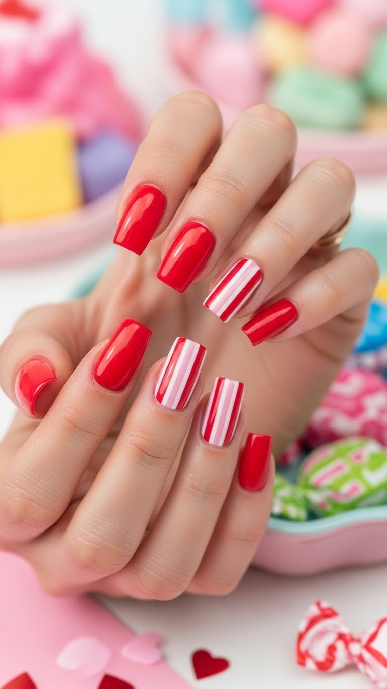 Vibrant candy stripe accent nails with alternating white and pink stripes on glossy red base