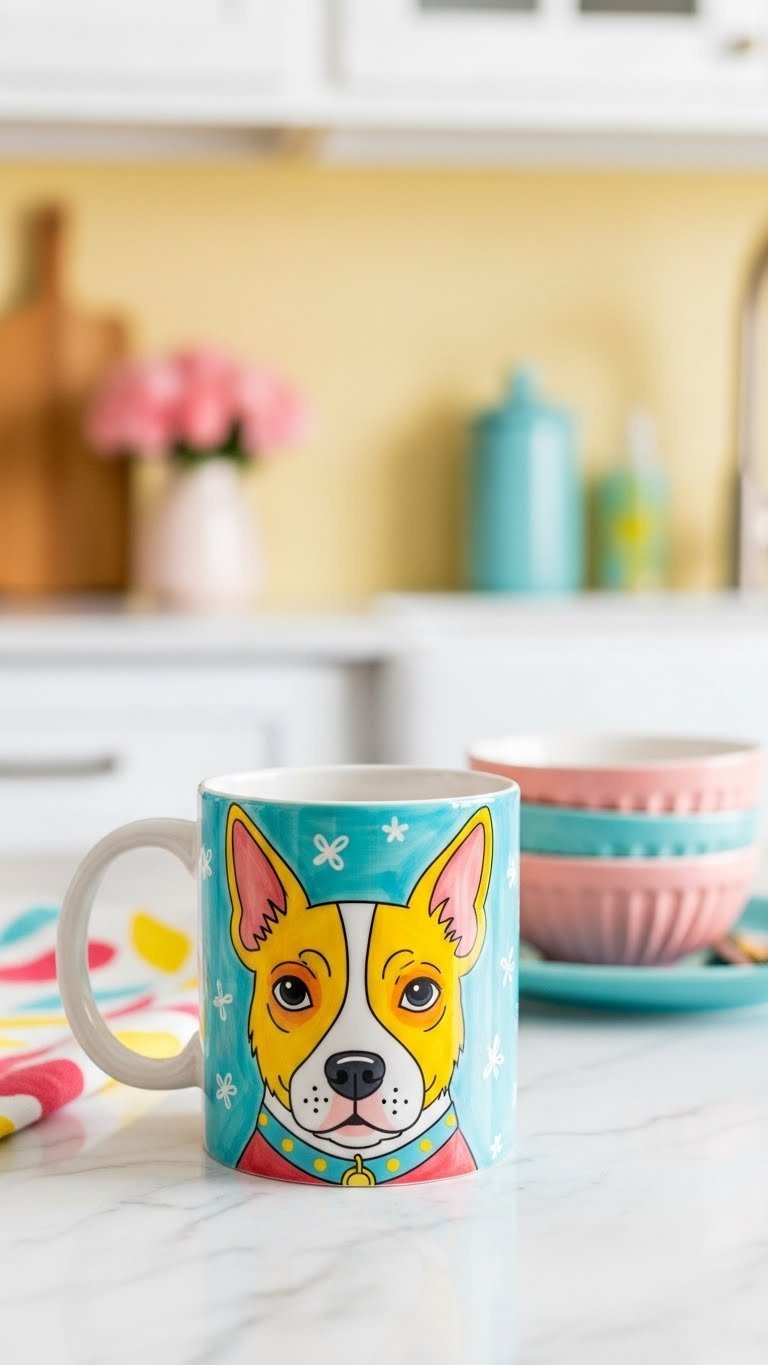 Vibrant cartoon-style dog portrait on ceramic mug with playful colors and bold outlines against marble countertop background