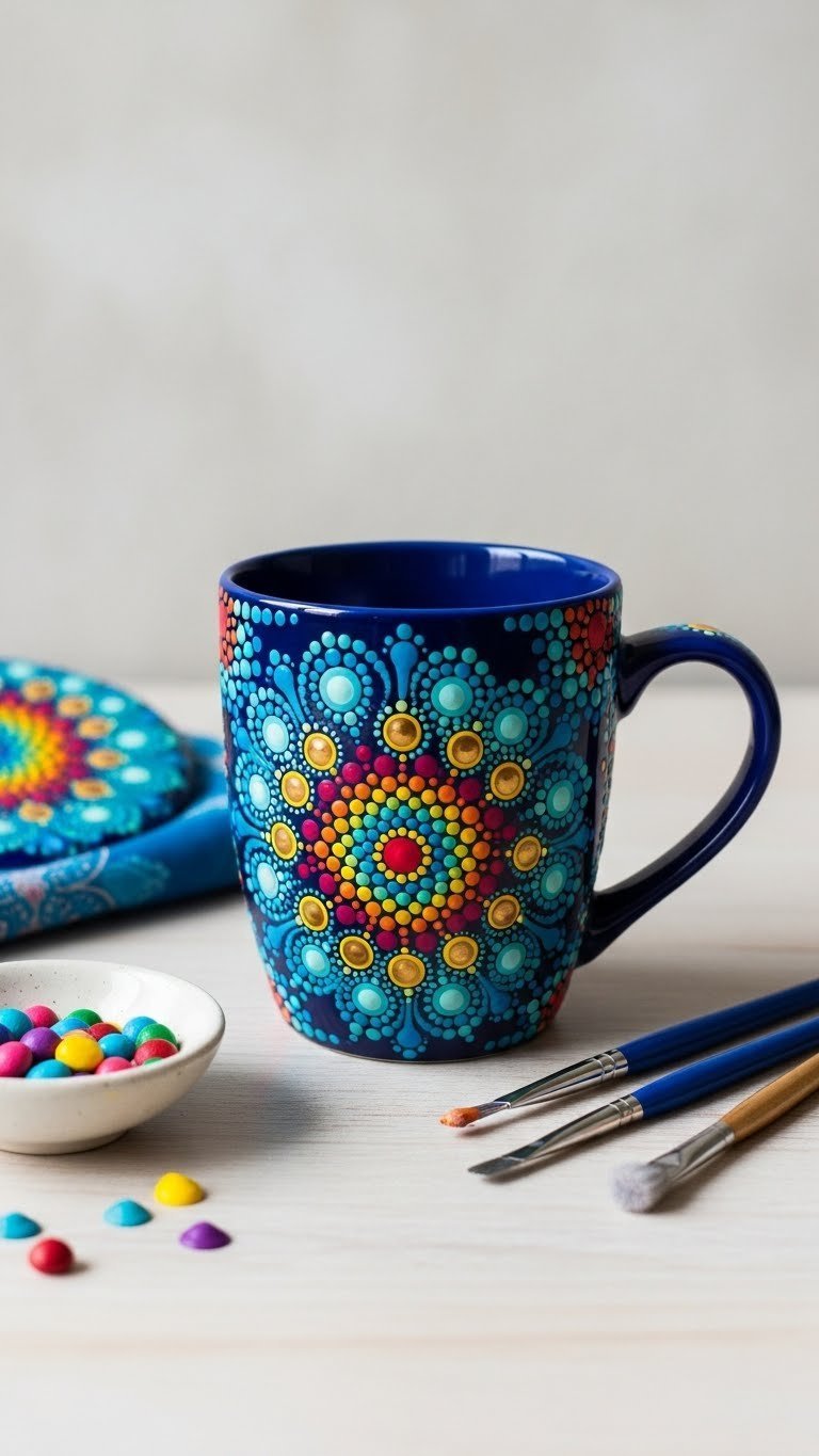 Vibrant ceramic mug featuring intricate dot mandala patterns in blue and gold on light wooden table with art tools