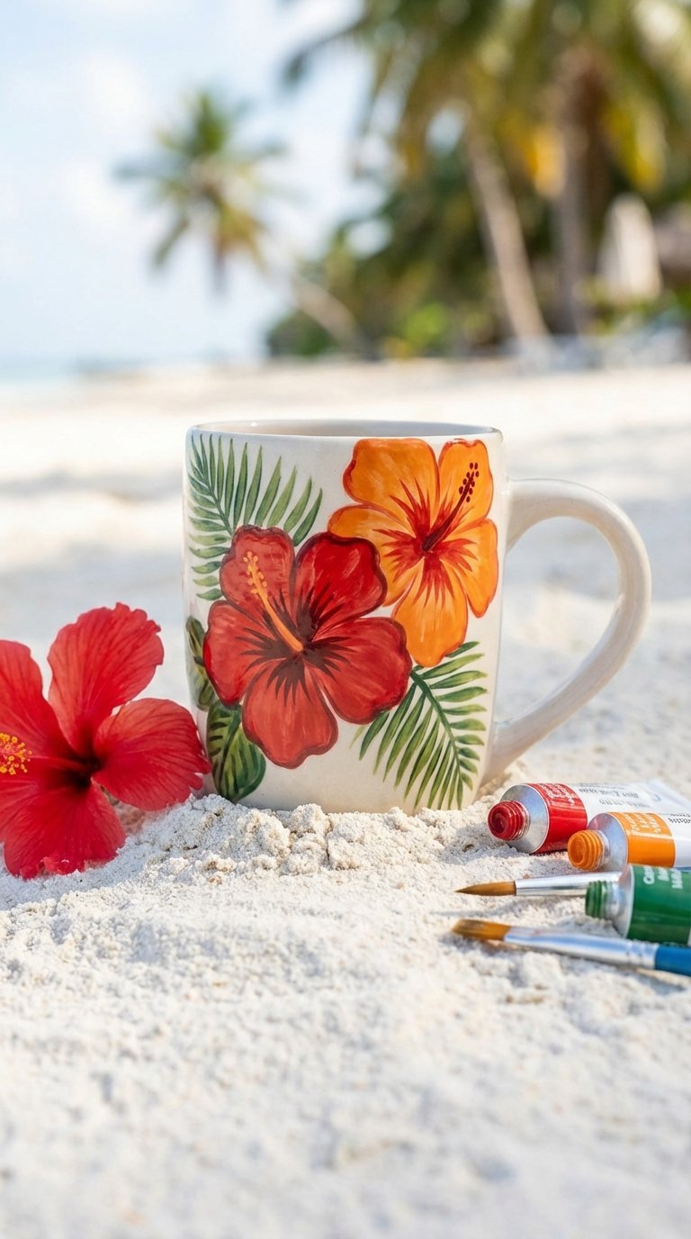 Vibrant ceramic mug with bold tropical hibiscus flowers in reds and oranges on textured sand surface