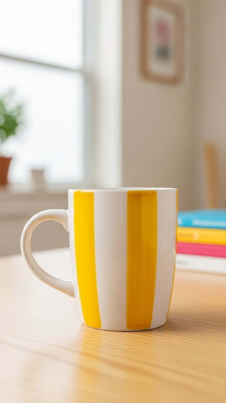 Vibrant ceramic mug with bold yellow and white vertical stripes on light wooden table in bright daylight