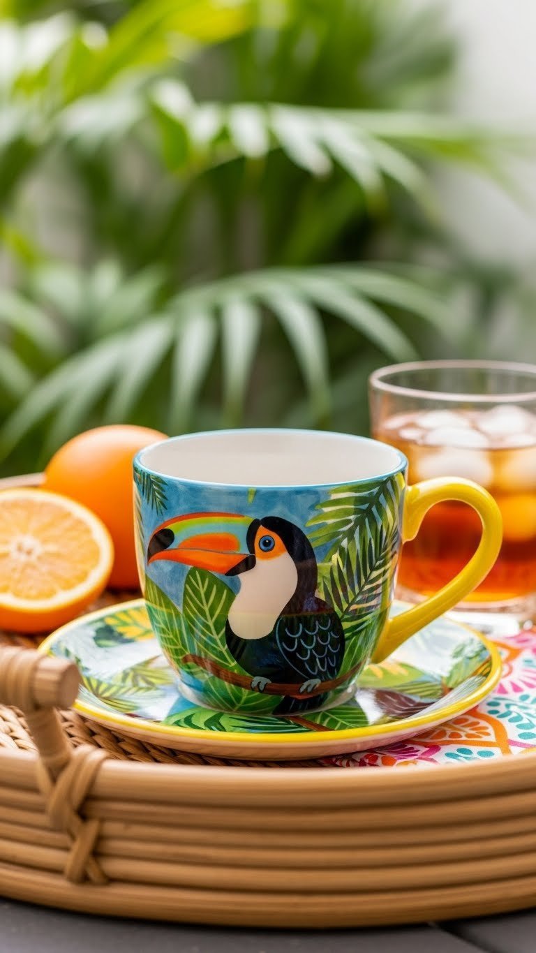 Vibrant ceramic teacup with colorful toucan painting against tropical foliage on rattan tray