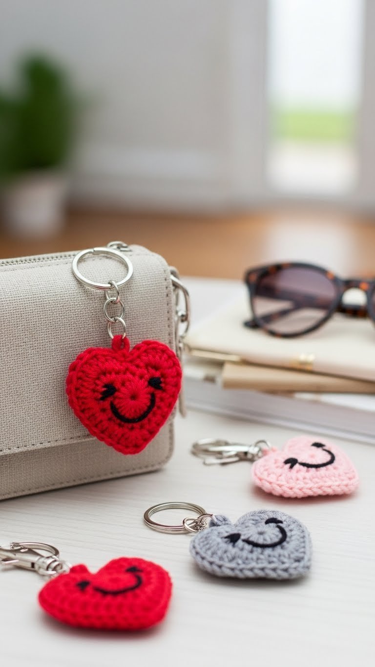 Vibrant crochet heart keychains with neat stitches and metal findings on light-colored wooden surface