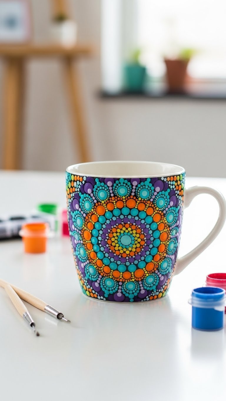 Vibrant dot mandala painted ceramic mug with turquoise and orange pattern on white minimalist craft table