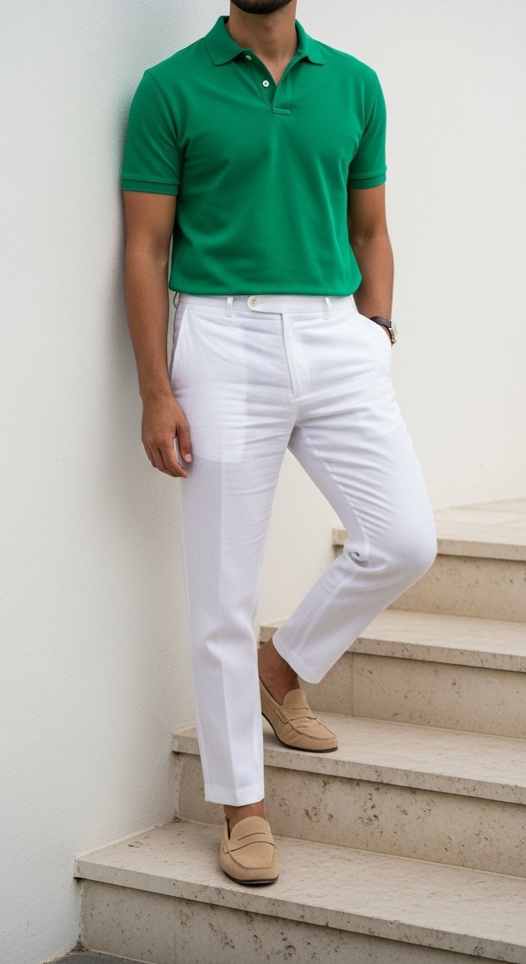 Vibrant emerald green polo shirt with white linen trousers and tan loafers against minimalist architectural backdrop