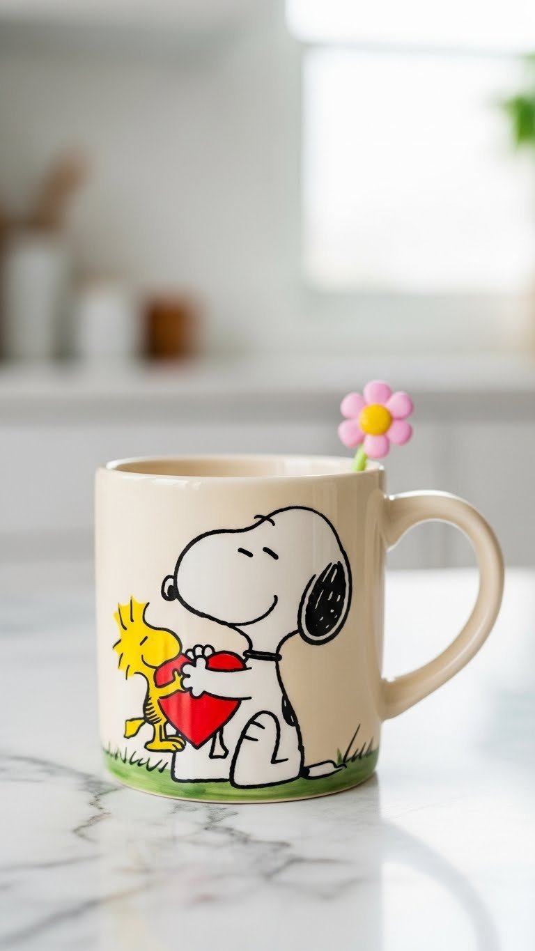 Vibrant hand-painted ceramic mug showing Snoopy and Woodstock hugging on marble countertop with minimalist room interior backdrop.