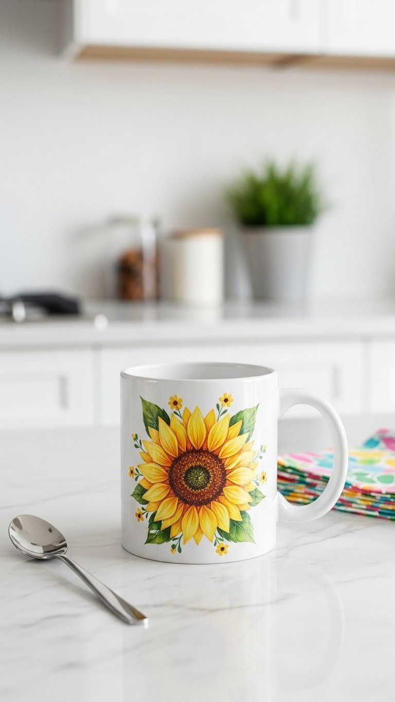 Vibrant hand-painted sunflower ceramic mug on white marble with green herbs, set in a bright, modern kitchen interior.