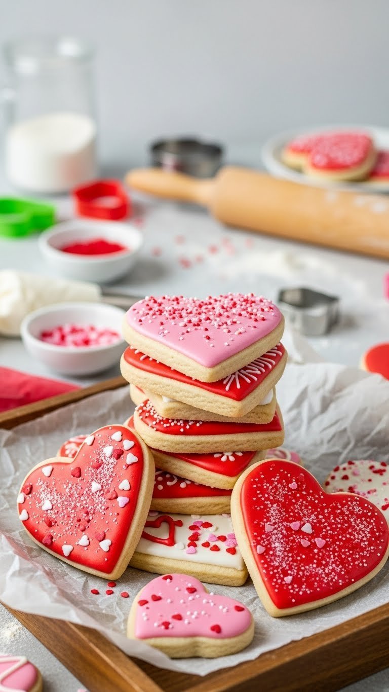 Vibrant heart-shaped sugar cookies decorated with royal icing and festive sprinkles on baking tray