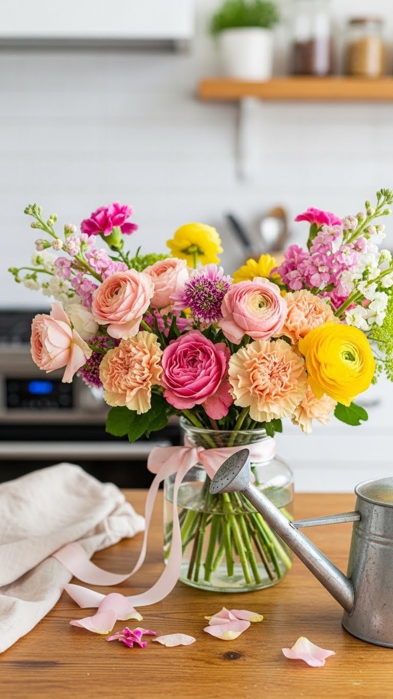 Vibrant mixed floral bouquet with roses and carnations on rustic wooden table