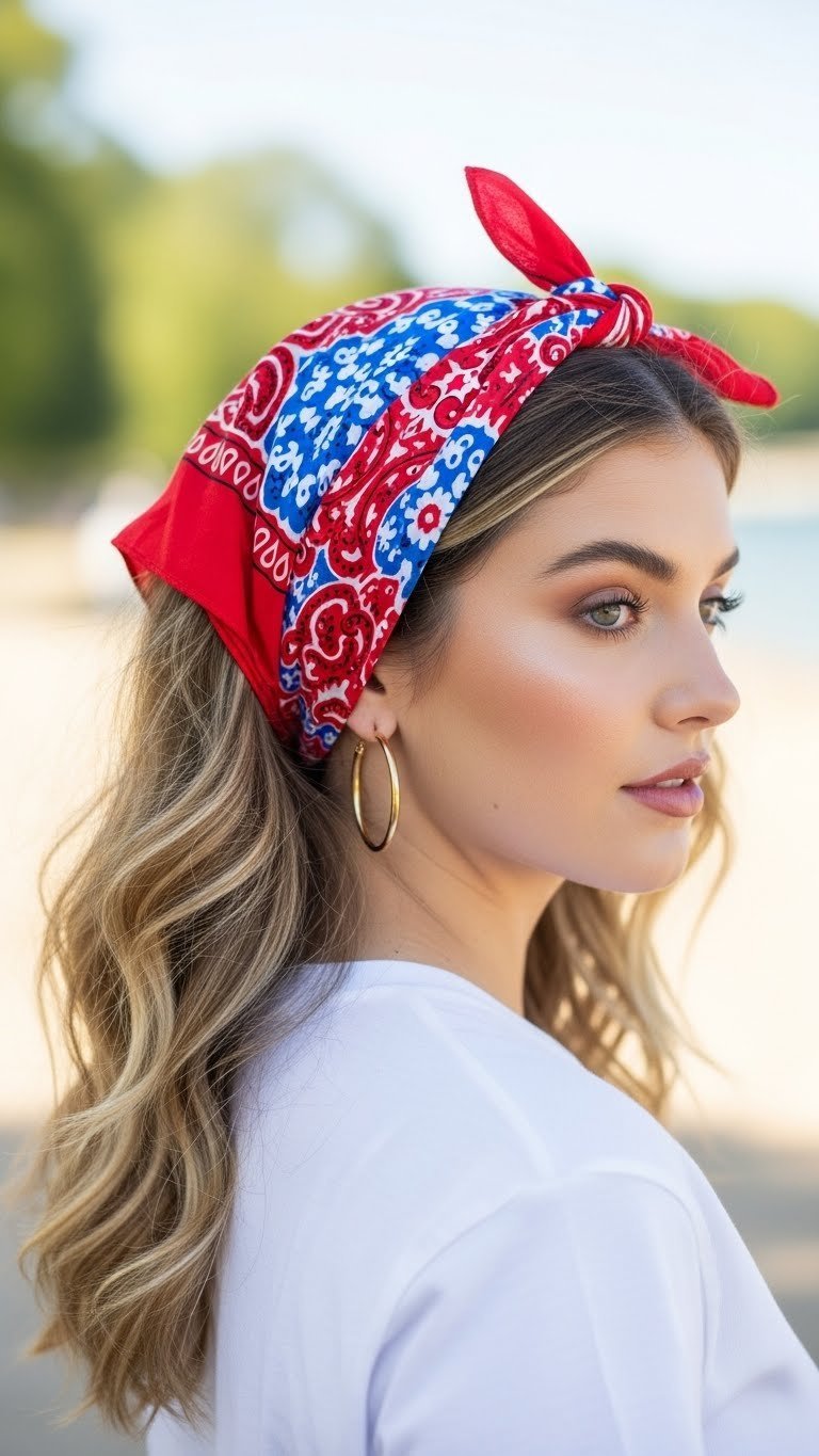 Vibrant patterned bandana tied in classic headscarf style pushing back natural wavy hair for cool 00s vibe