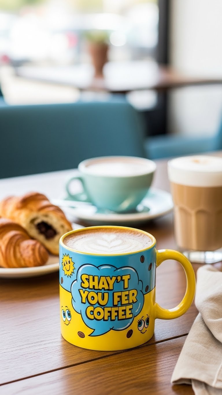 Vibrant quirky mug with comic-style illustrations and bold quote on rustic wooden table with croissant and latte
