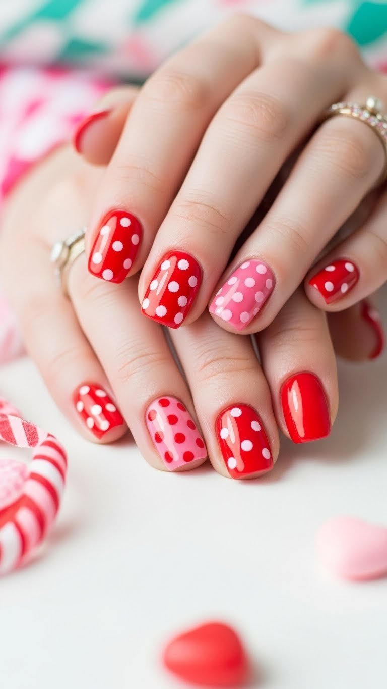Vibrant red Valentine's gel nails with white polka dots on clean minimalist white surface