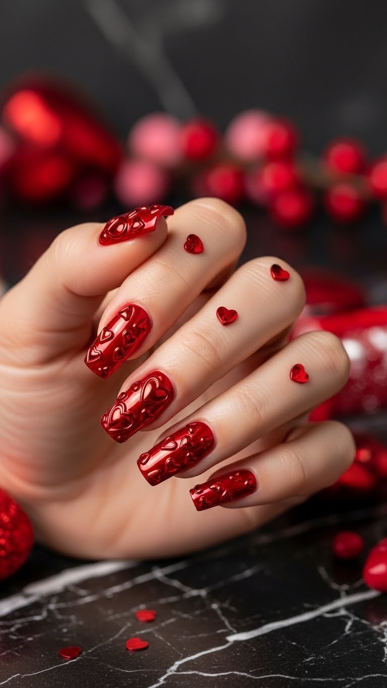Vibrant red chrome nails with bubble-like heart outlines creating playful three-dimensional effect on black marble surface