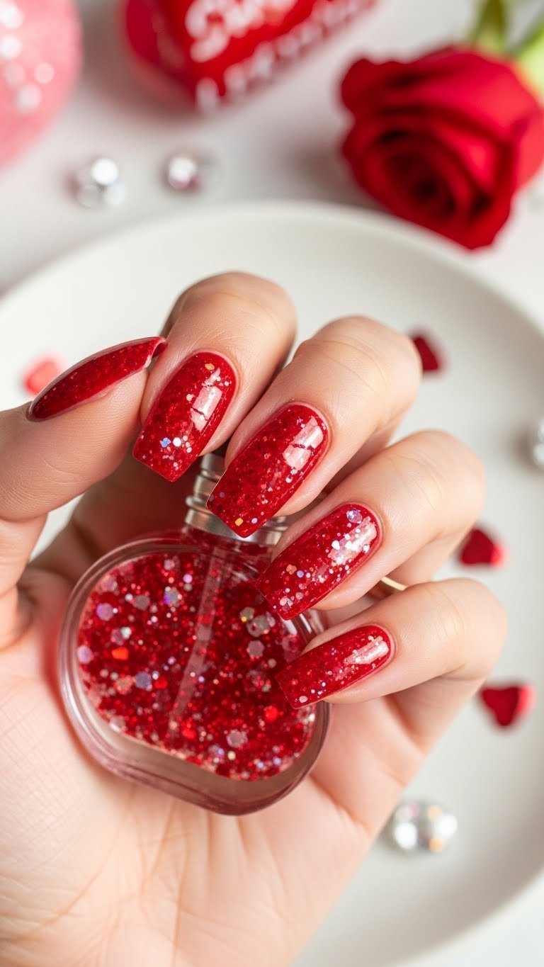 Vibrant red glitter jelly nails with holographic sparkle on white ceramic plate with festive Valentine's decor